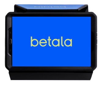 Bildet viser en tablet med Betala sin logo på hele skjermen.